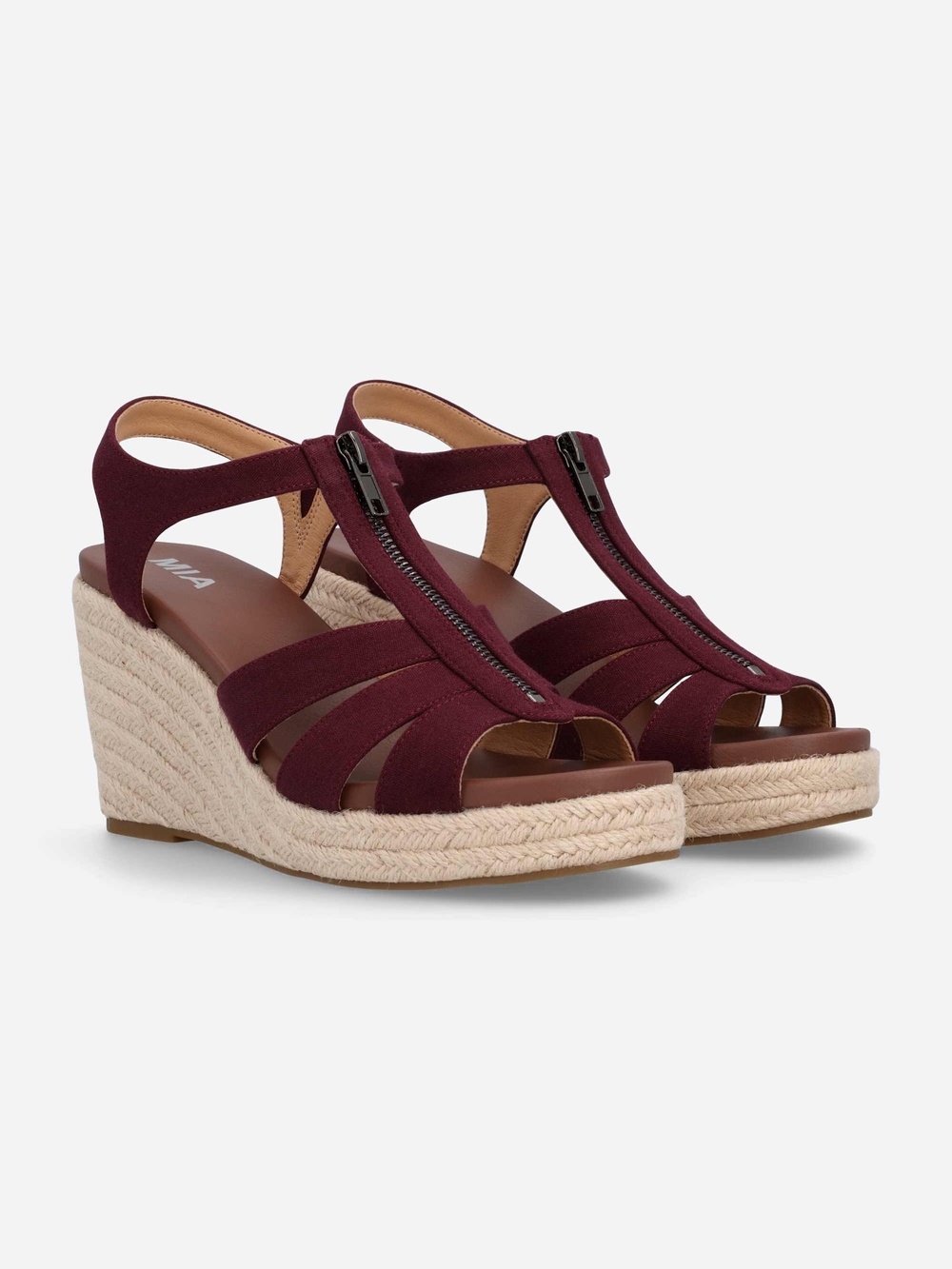 MIA Illiana Burgundy Espadrille Wedge Sandals Front Zip T-Strap Sz 9